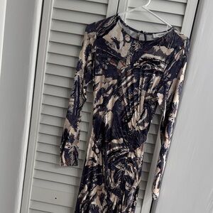 Reiss Abstract Print Long-Sleeve Midi Dress - Navy & Cream